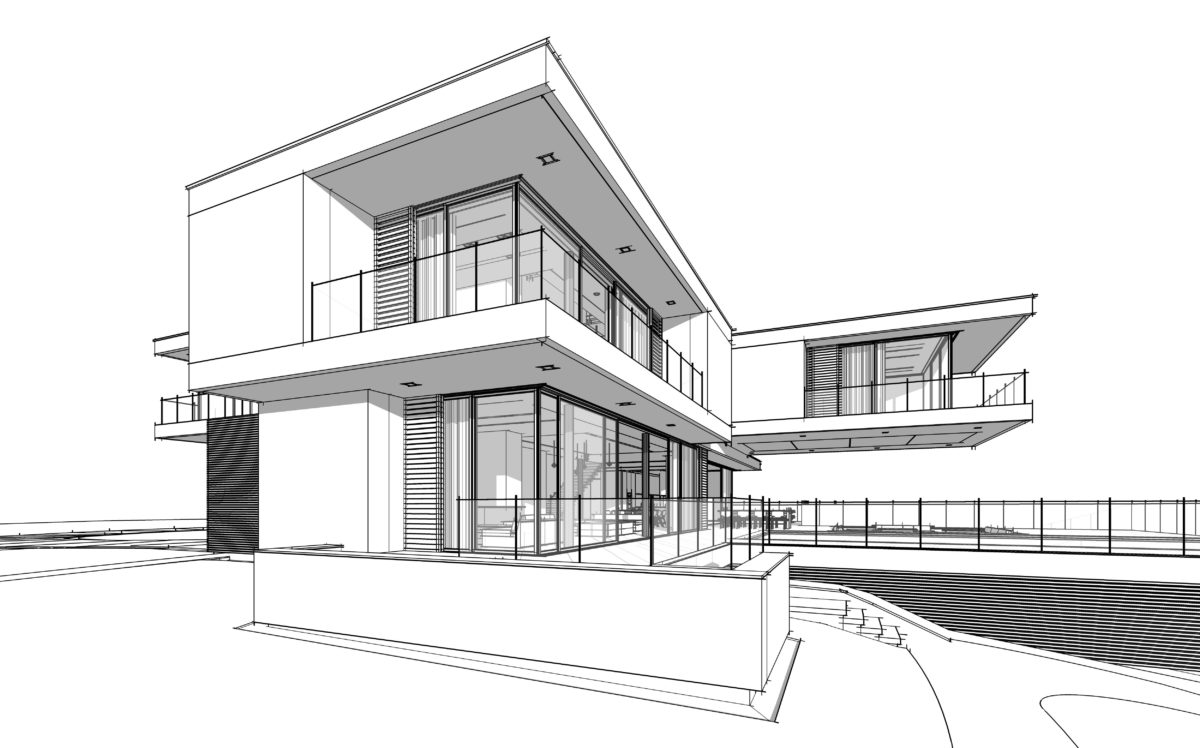 3d rendering sketch of modern cozy house by the river with garage for sale or rent. Black line sketch with soft light shadows on white background