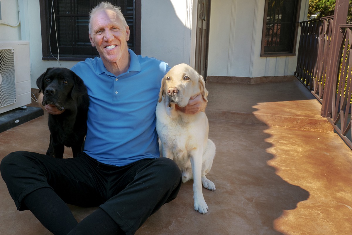 Bill and dogs on waterproof deck